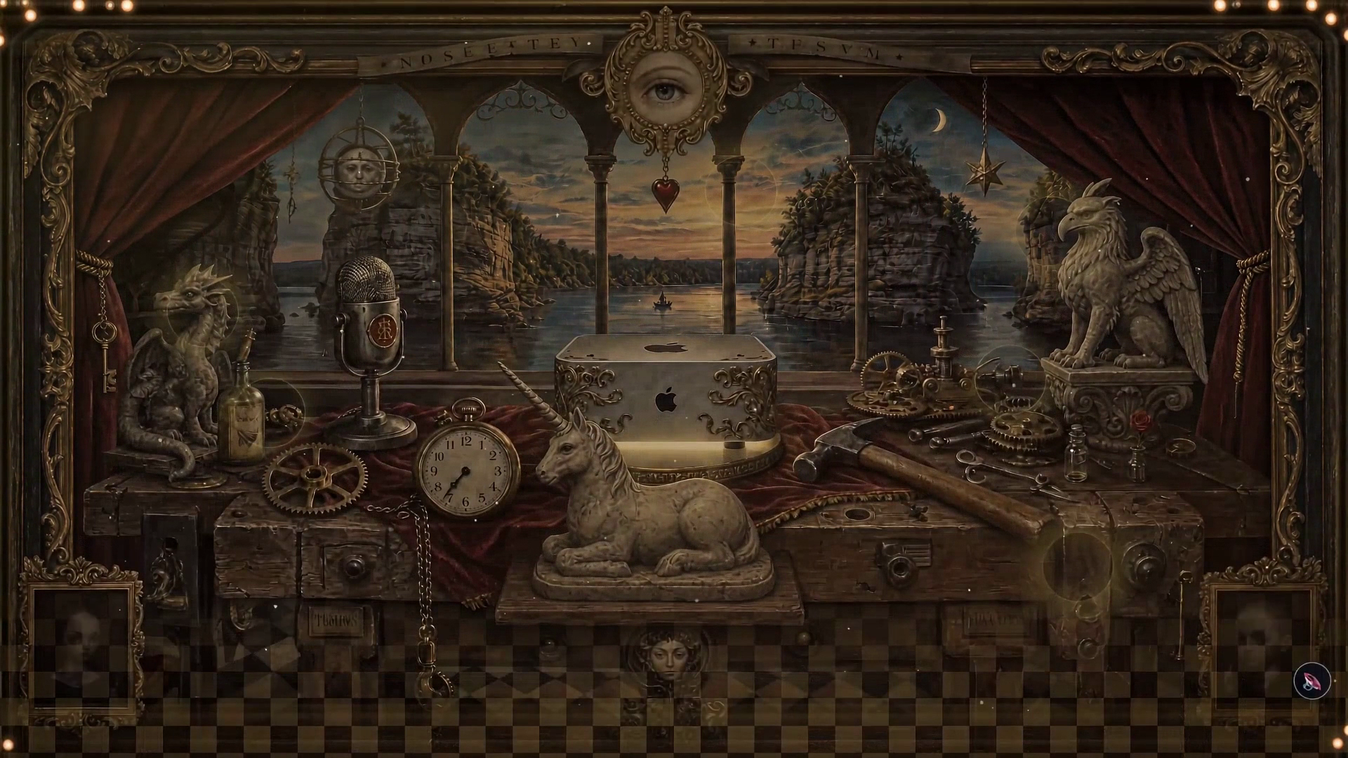 Surreal painted workshop: a stone dragon, a bronze gear, a pocket watch, a reclining unicorn, a claw hammer and a griffin on a desk beneath an all-seeing eye with a red heart pendant